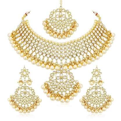 Kundan Gold Plated Pearl Choker Necklace Set with Dangler Earrings & Maangtikka for Women & Girls