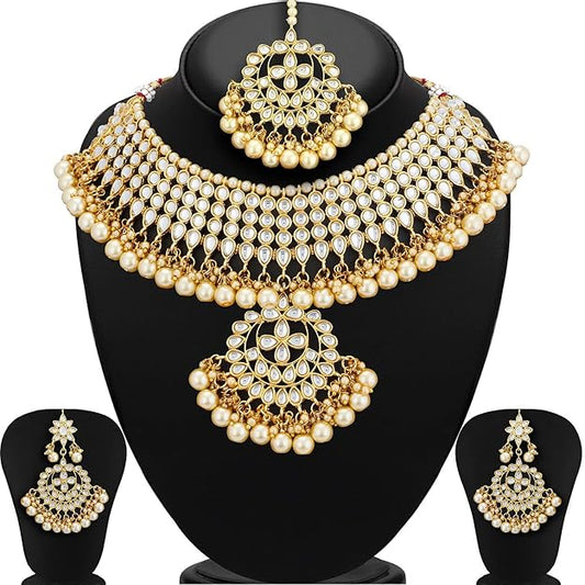 Kundan Gold Plated Pearl Choker Necklace Set with Dangler Earrings & Maangtikka for Women & Girls