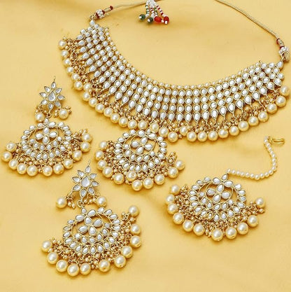 Kundan Gold Plated Pearl Choker Necklace Set with Dangler Earrings & Maangtikka for Women & Girls