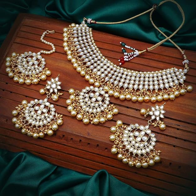 Kundan Gold Plated Pearl Choker Necklace Set with Dangler Earrings & Maangtikka for Women & Girls