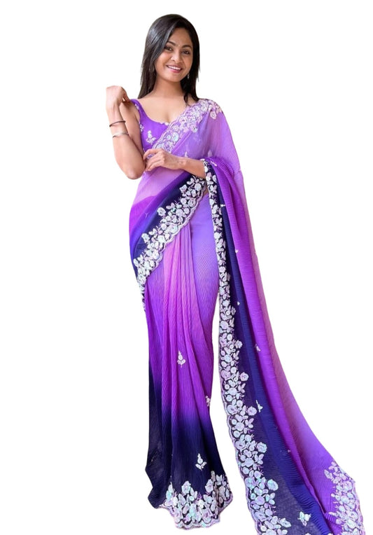 Embroidery Purple Georgette Bollywood Saree with Jaquard Blouse