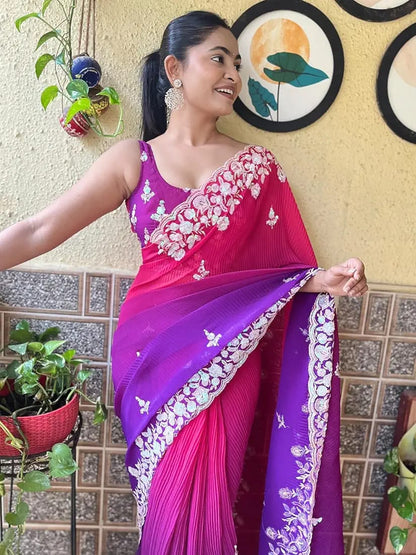 Embroidery Purple Georgette Bollywood Saree with Jaquard Blouse