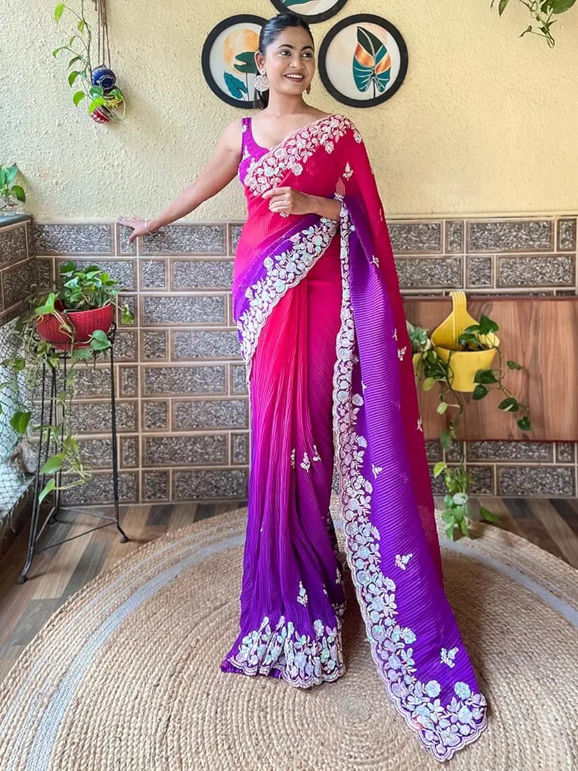 Embroidery Purple Georgette Bollywood Saree with Jaquard Blouse