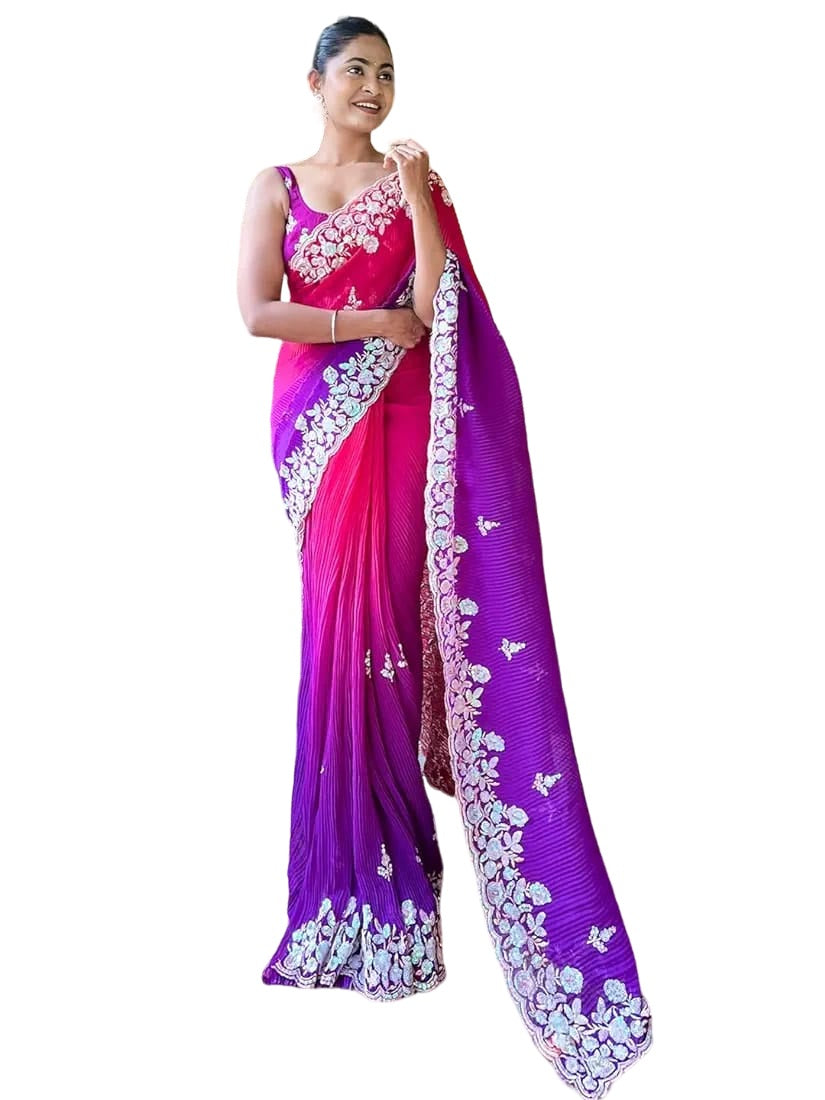 Embroidery Purple Georgette Bollywood Saree with Jaquard Blouse