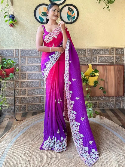 Embroidery Purple Georgette Bollywood Saree with Jaquard Blouse