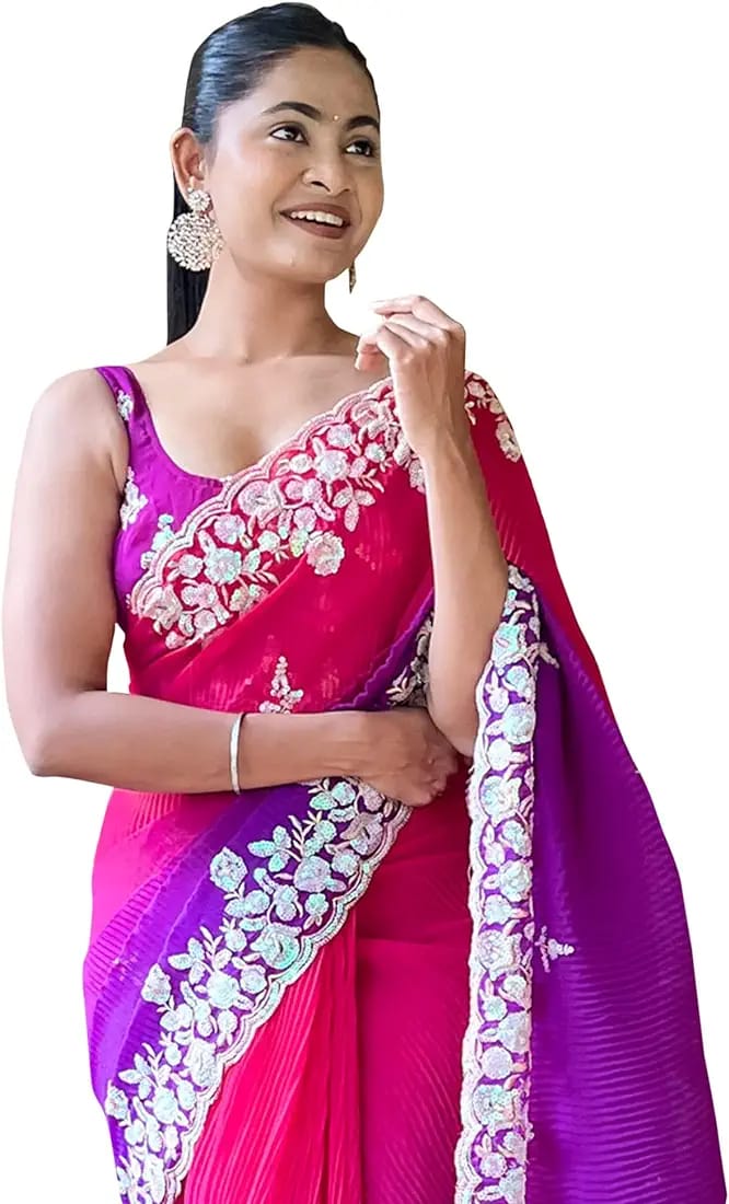 Embroidery Purple Georgette Bollywood Saree with Jaquard Blouse