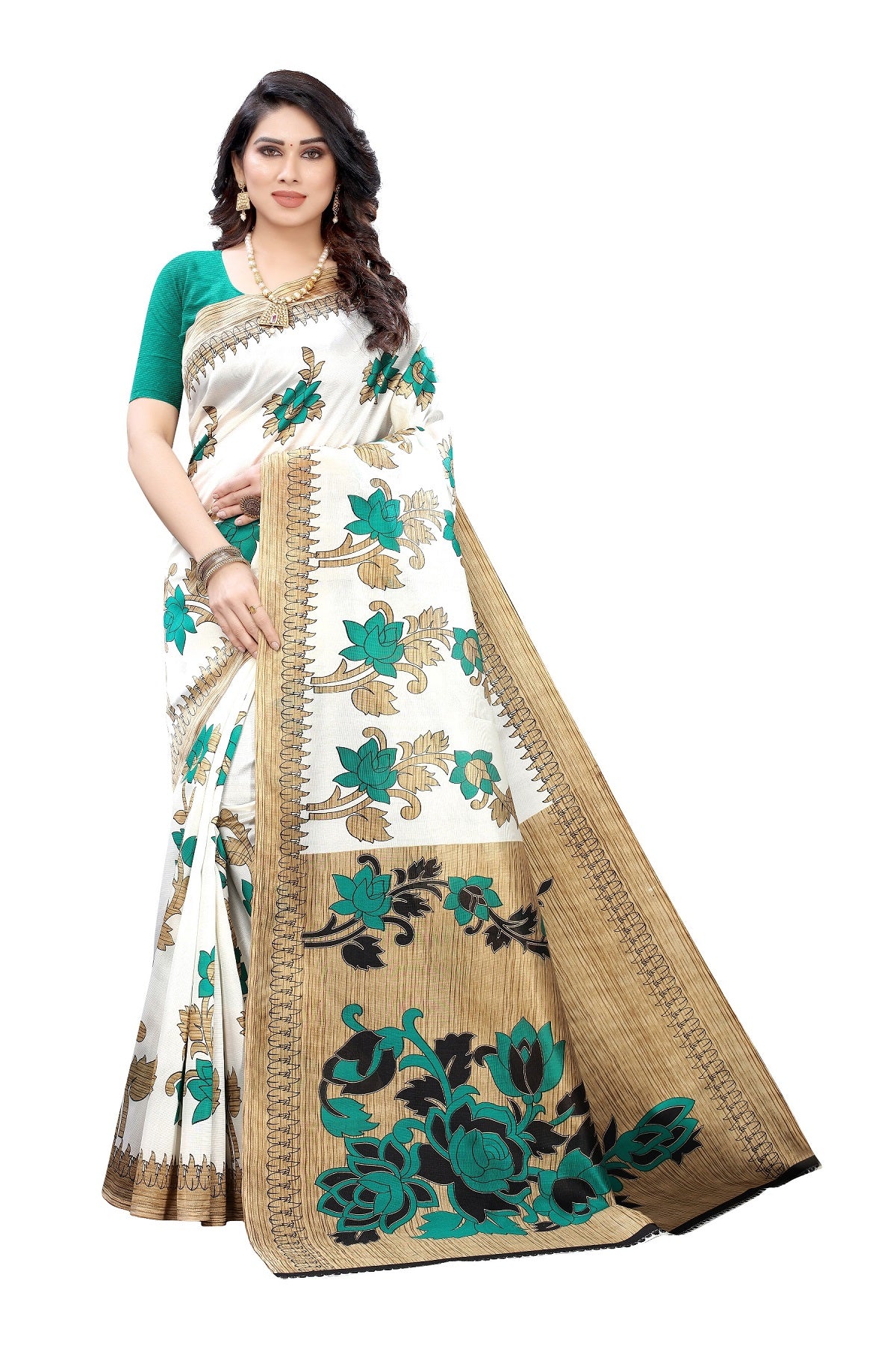 Ethnic Fire Green Printed Litchi Art Silk Saree – Elegant Traditional Wear