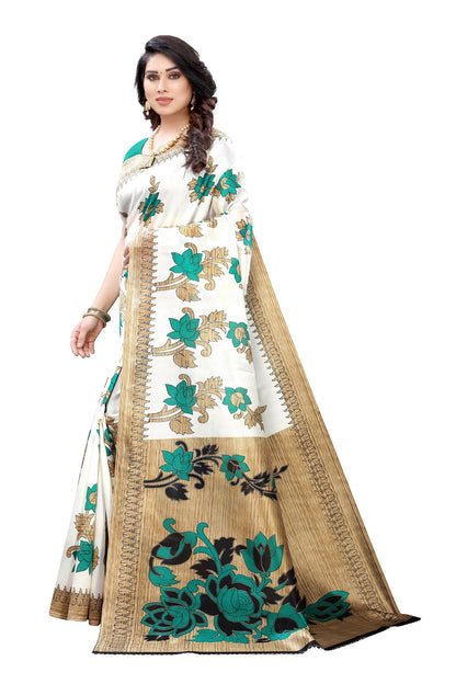 Ethnic Fire Green Printed Litchi Art Silk Saree – Elegant Traditional Wear