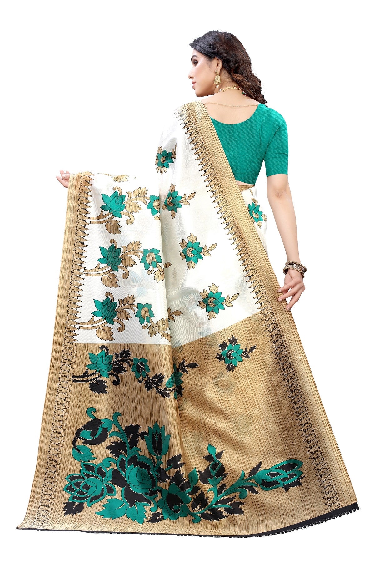 Ethnic Fire Green Printed Litchi Art Silk Saree – Elegant Traditional Wear