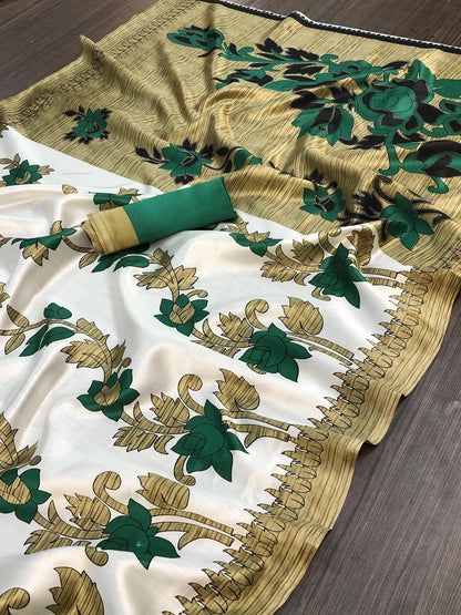 Ethnic Fire Green Printed Litchi Art Silk Saree – Elegant Traditional Wear