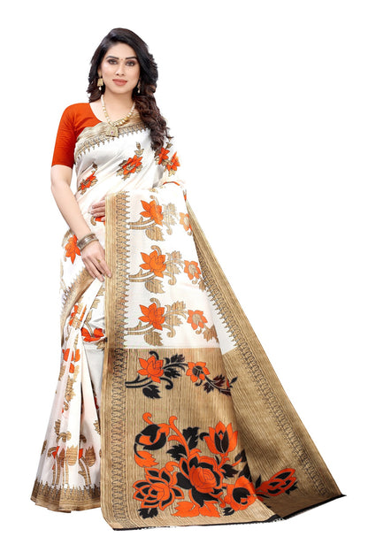 Ethnic Fire Orange Printed Litchi Art Silk Saree – Elegant Traditional Wear