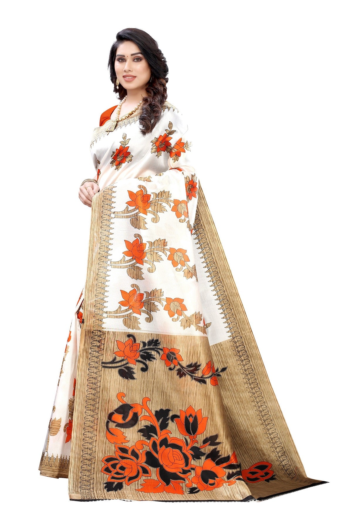 Ethnic Fire Orange Printed Litchi Art Silk Saree – Elegant Traditional Wear