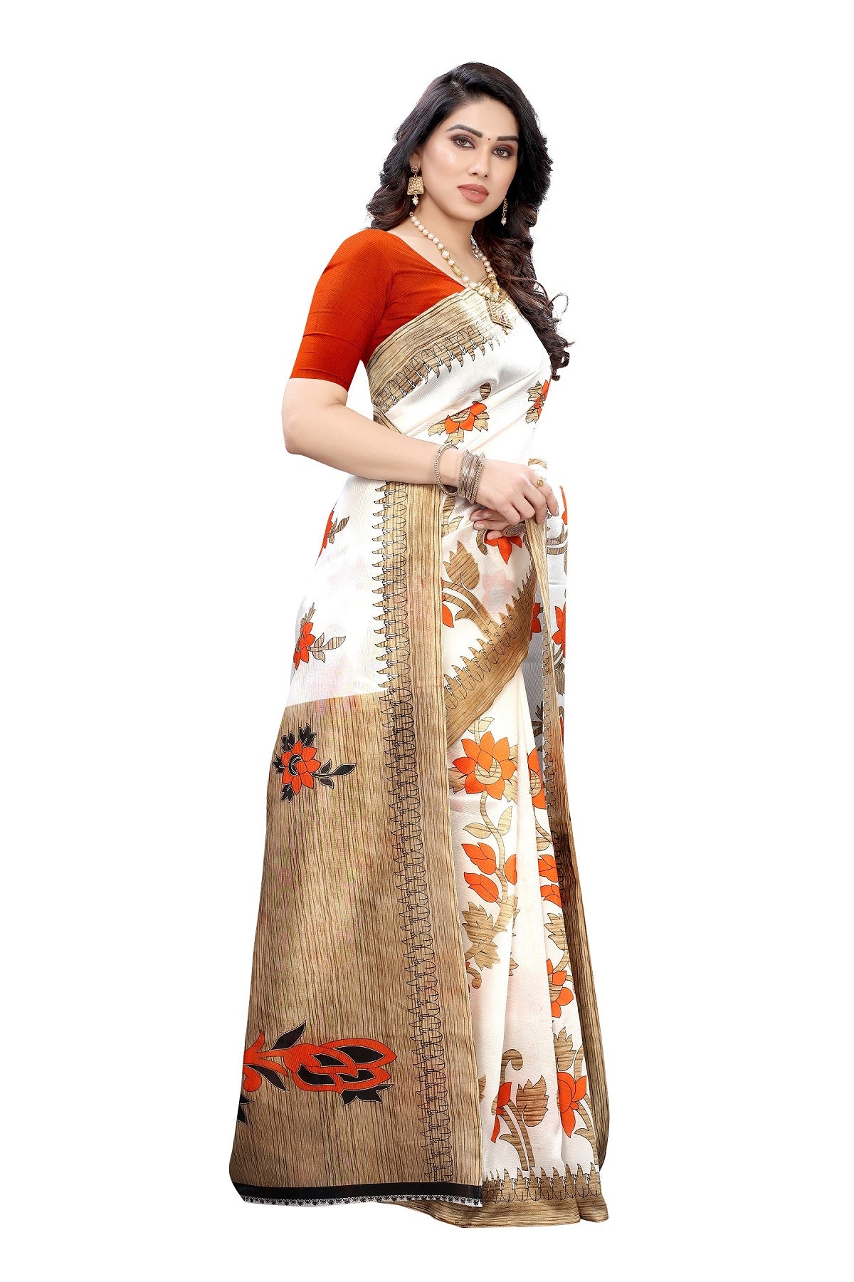 Ethnic Fire Orange Printed Litchi Art Silk Saree – Elegant Traditional Wear