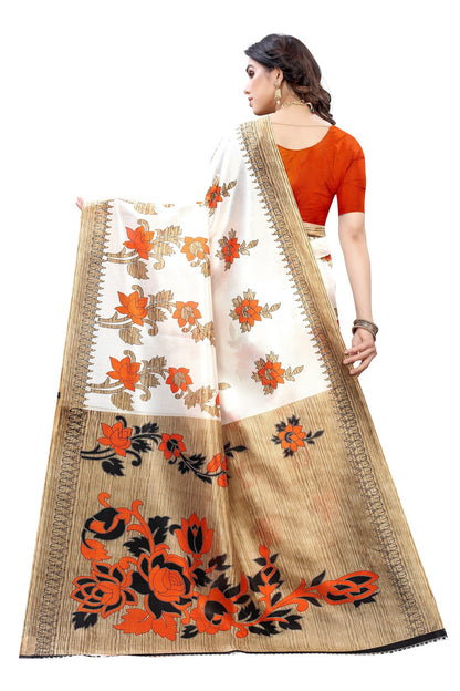 Ethnic Fire Orange Printed Litchi Art Silk Saree – Elegant Traditional Wear