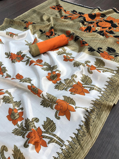 Ethnic Fire Orange Printed Litchi Art Silk Saree – Elegant Traditional Wear