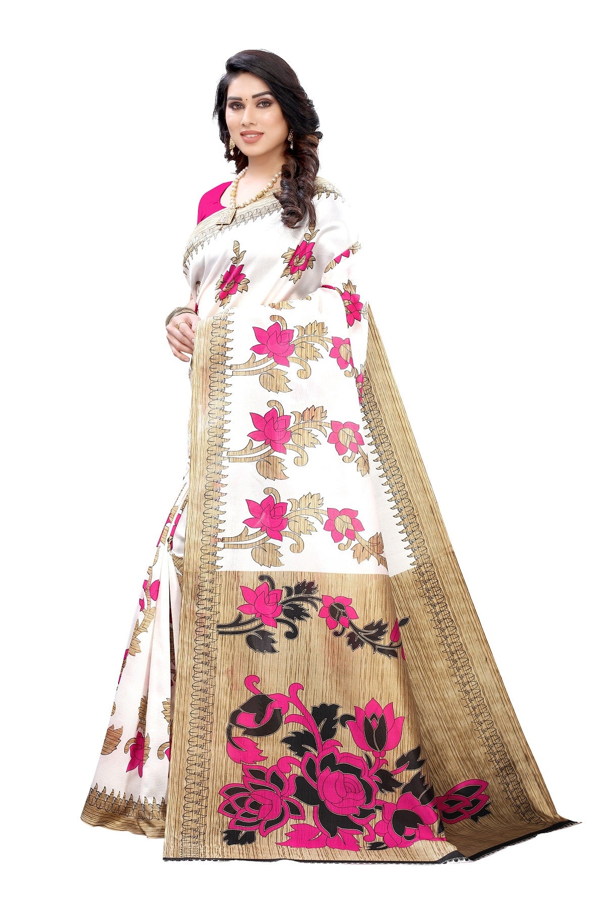 Ethnic Fire Pink Printed Litchi Art Silk Saree – Elegant Traditional Wear