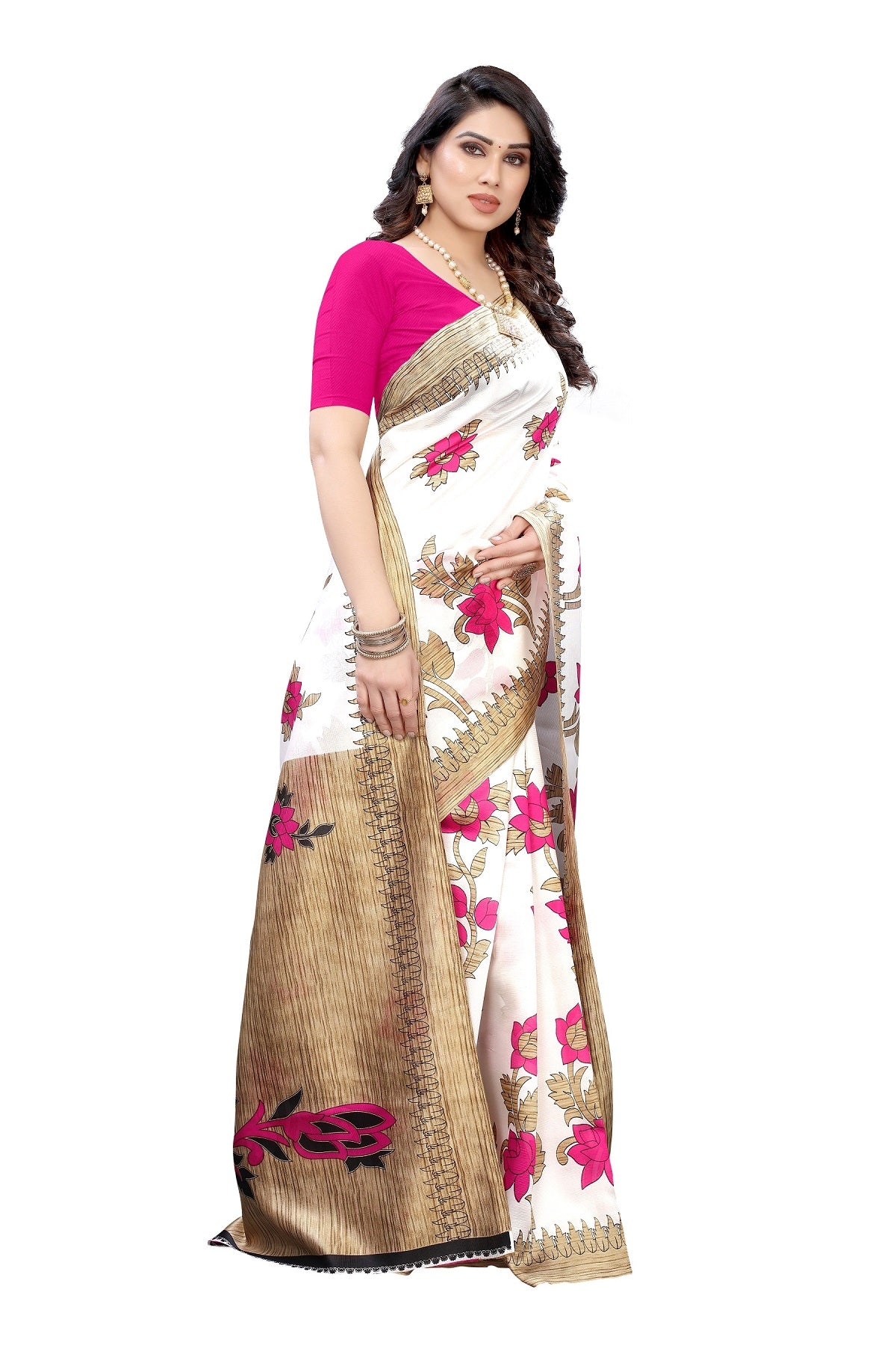 Ethnic Fire Pink Printed Litchi Art Silk Saree – Elegant Traditional Wear