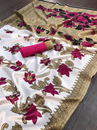 Ethnic Fire Pink Printed Litchi Art Silk Saree – Elegant Traditional Wear