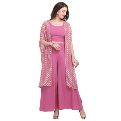 Supikart Crepe Rubber Print Pink Top with Plazzo & Shrug – Party Wear, Casual Wear, Office Wear