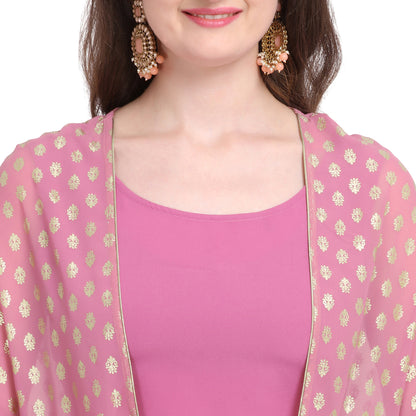 Supikart Crepe Rubber Print Pink Top with Plazzo & Shrug – Party Wear, Casual Wear, Office Wear