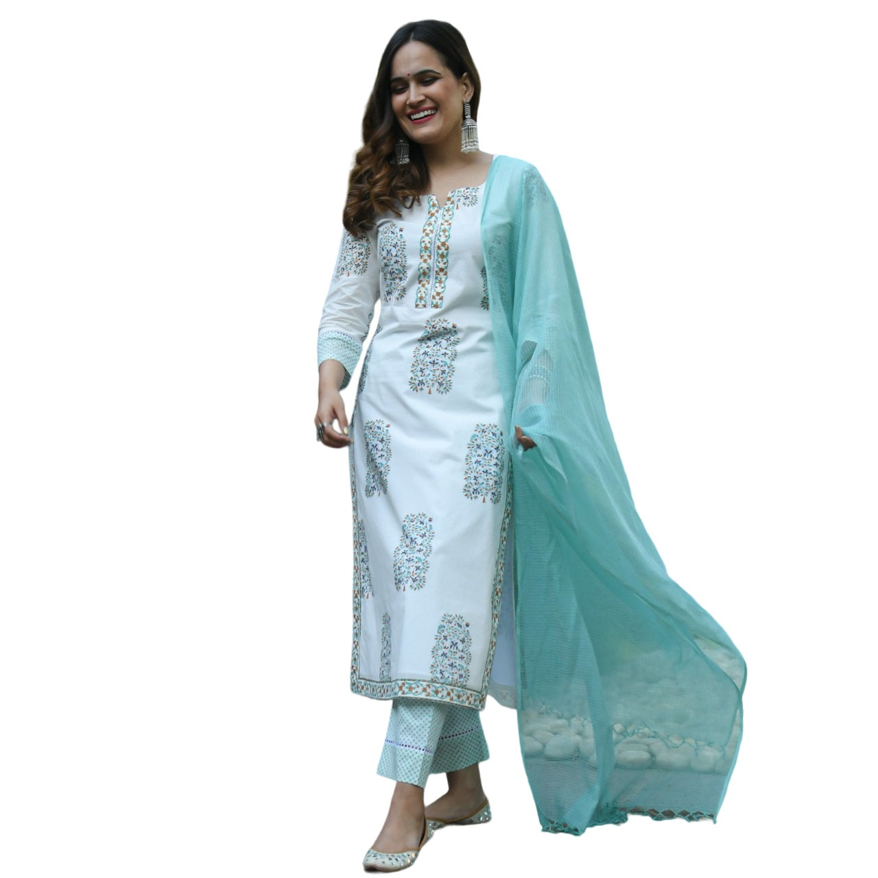 Supikart Poly Rayon Rubber Print White & Sea Green Top with Plazzo & Shrug – Party Wear, Casual Wear, Office Wear