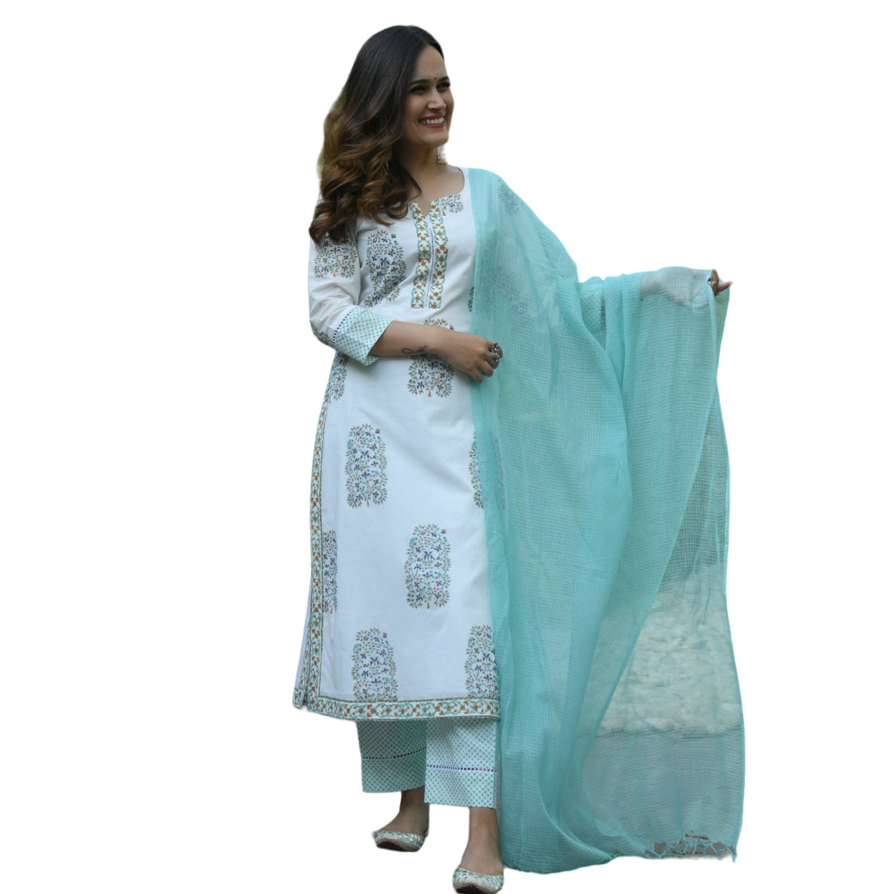 Supikart Poly Rayon Rubber Print White & Sea Green Top with Plazzo & Shrug – Party Wear, Casual Wear, Office Wear