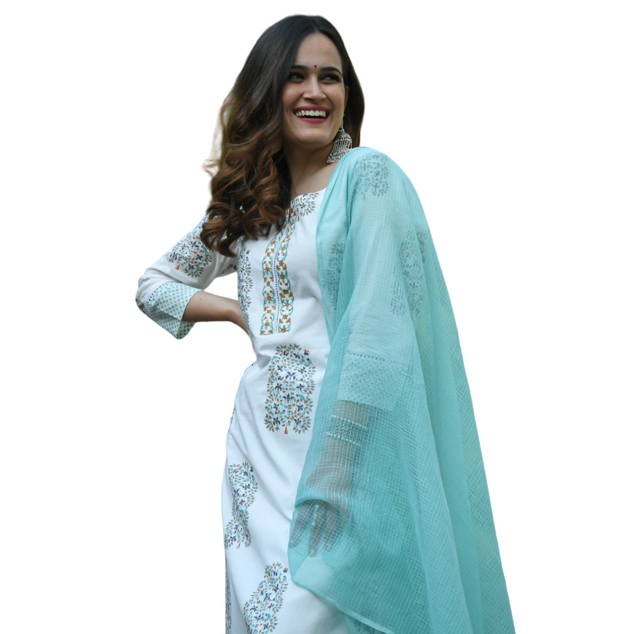 Supikart Poly Rayon Rubber Print White & Sea Green Top with Plazzo & Shrug – Party Wear, Casual Wear, Office Wear