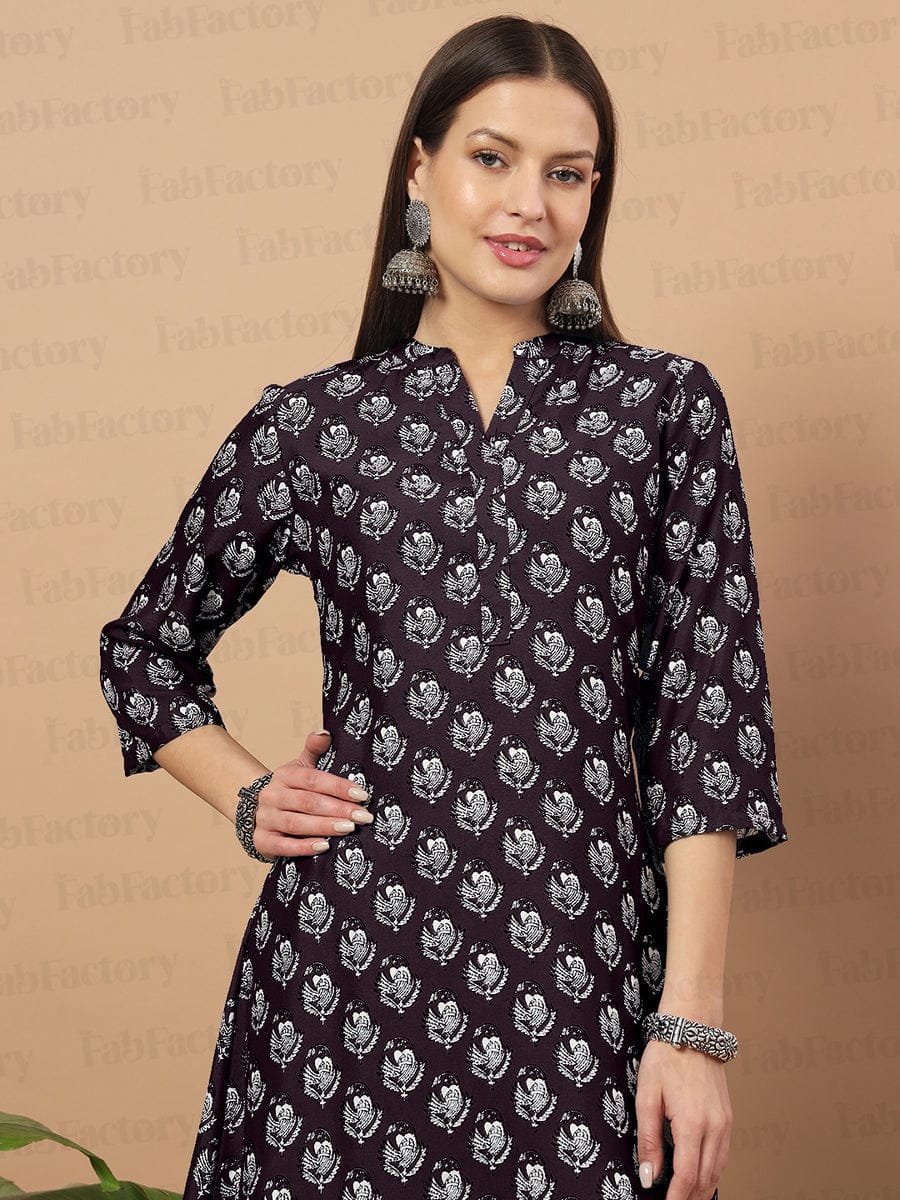 Supikart Printed Wine Red Poly Rayon Kurti Set with Pant & Dupatta – Party Wear, Casual Wear, Office Wear