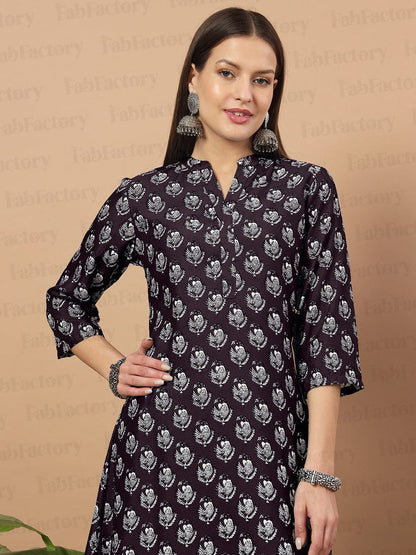 Supikart Printed Wine Red Poly Rayon Kurti Set with Pant & Dupatta – Party Wear, Casual Wear, Office Wear