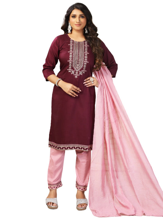 Supikart Embroidered Chinon Kurti Set – Maroon & Light Pink | 3-Piece Party, Casual, and Office Wear