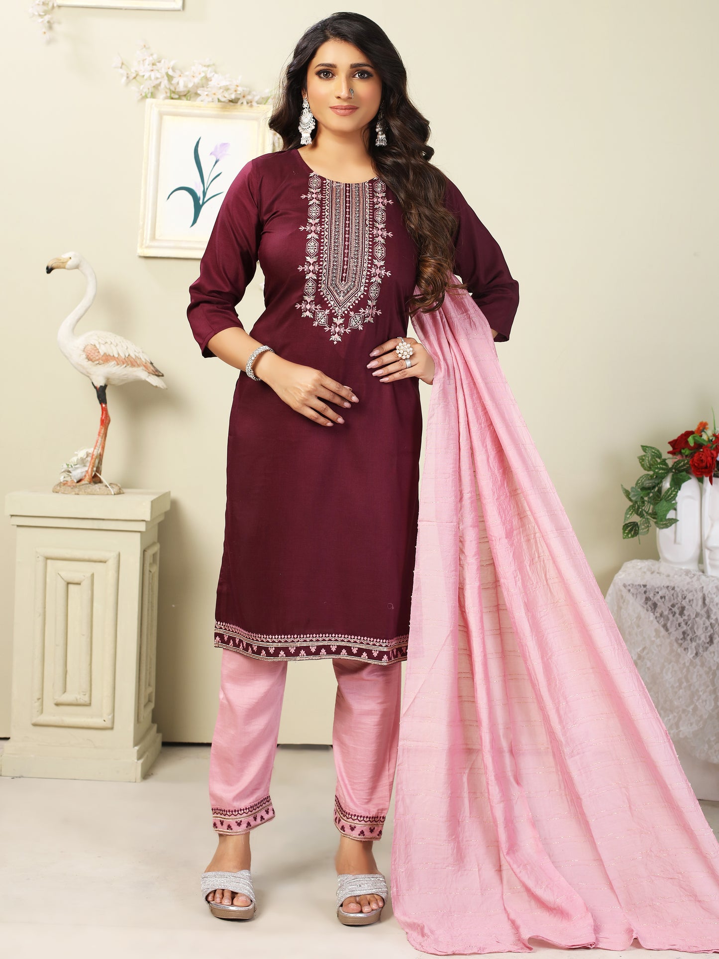 Supikart Embroidered Chinon Kurti Set – Maroon & Light Pink | 3-Piece Party, Casual, and Office Wear