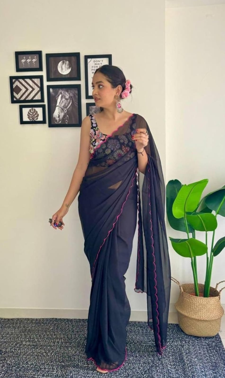 Embroidery Purple Georgette Bollywood Saree with Jaquard Blouse