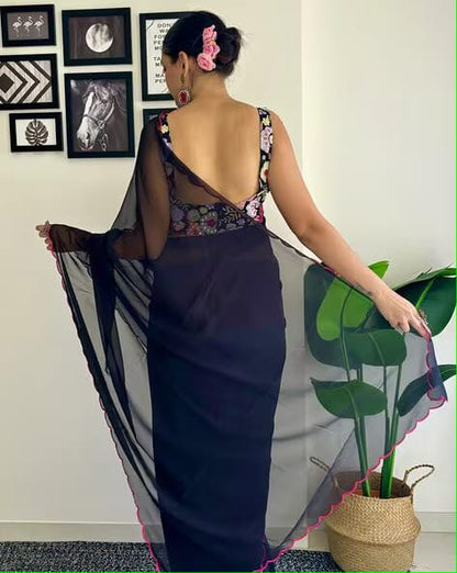 Embroidery Purple Georgette Bollywood Saree with Jaquard Blouse