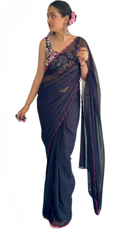 Embroidery Purple Georgette Bollywood Saree with Jaquard Blouse