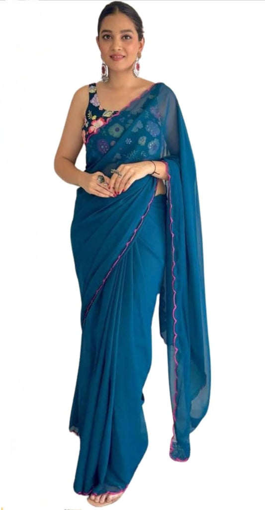 Embroidery Purple Georgette Bollywood Saree with Jaquard Blouse