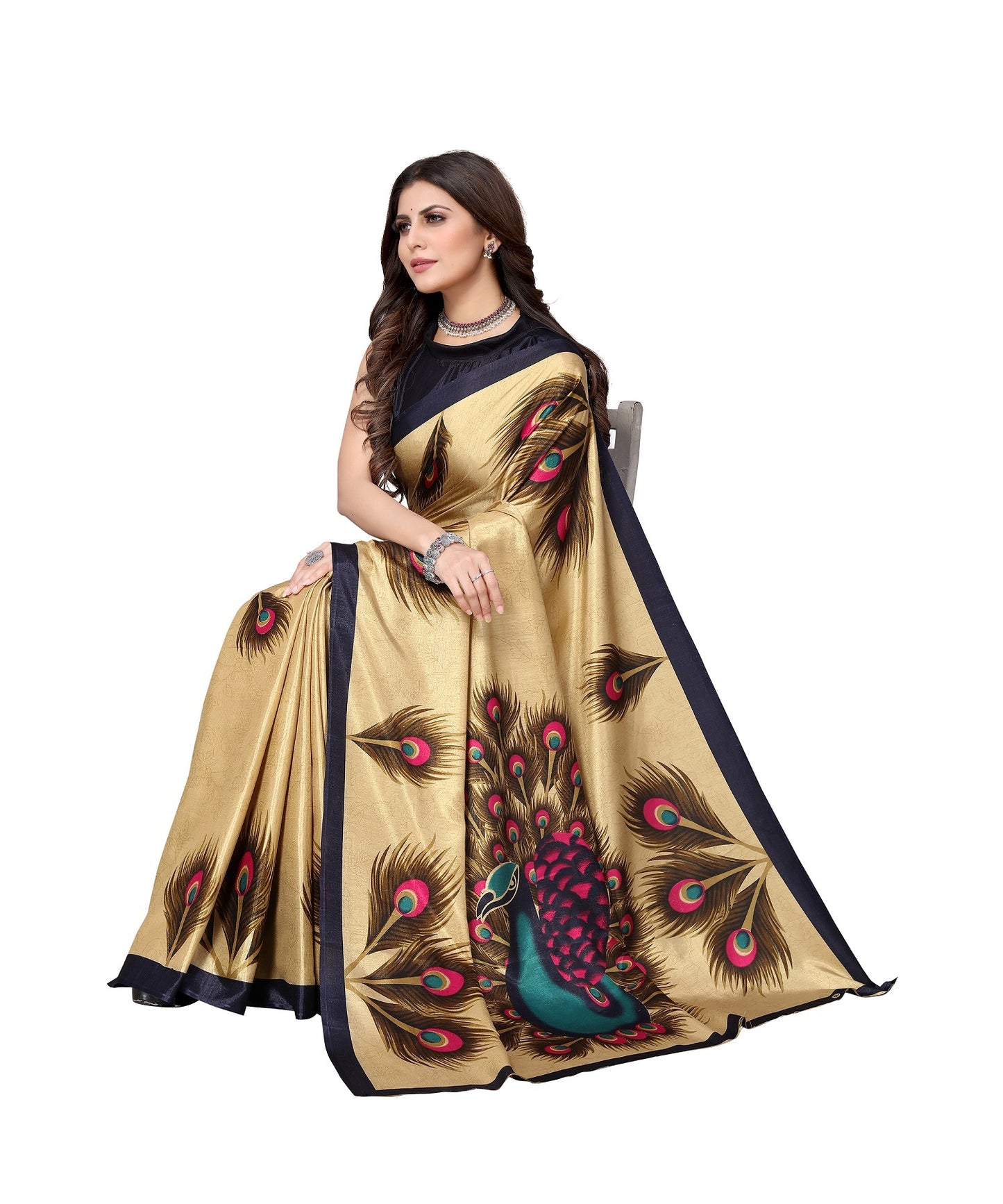 Ethnic Fire Golden Cream Printed Litchi Art Silk Saree – Elegant Traditional Wear