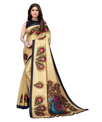 Ethnic Fire Golden Cream Printed Litchi Art Silk Saree – Elegant Traditional Wear