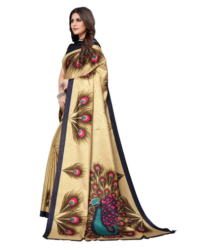 Ethnic Fire Golden Cream Printed Litchi Art Silk Saree – Elegant Traditional Wear