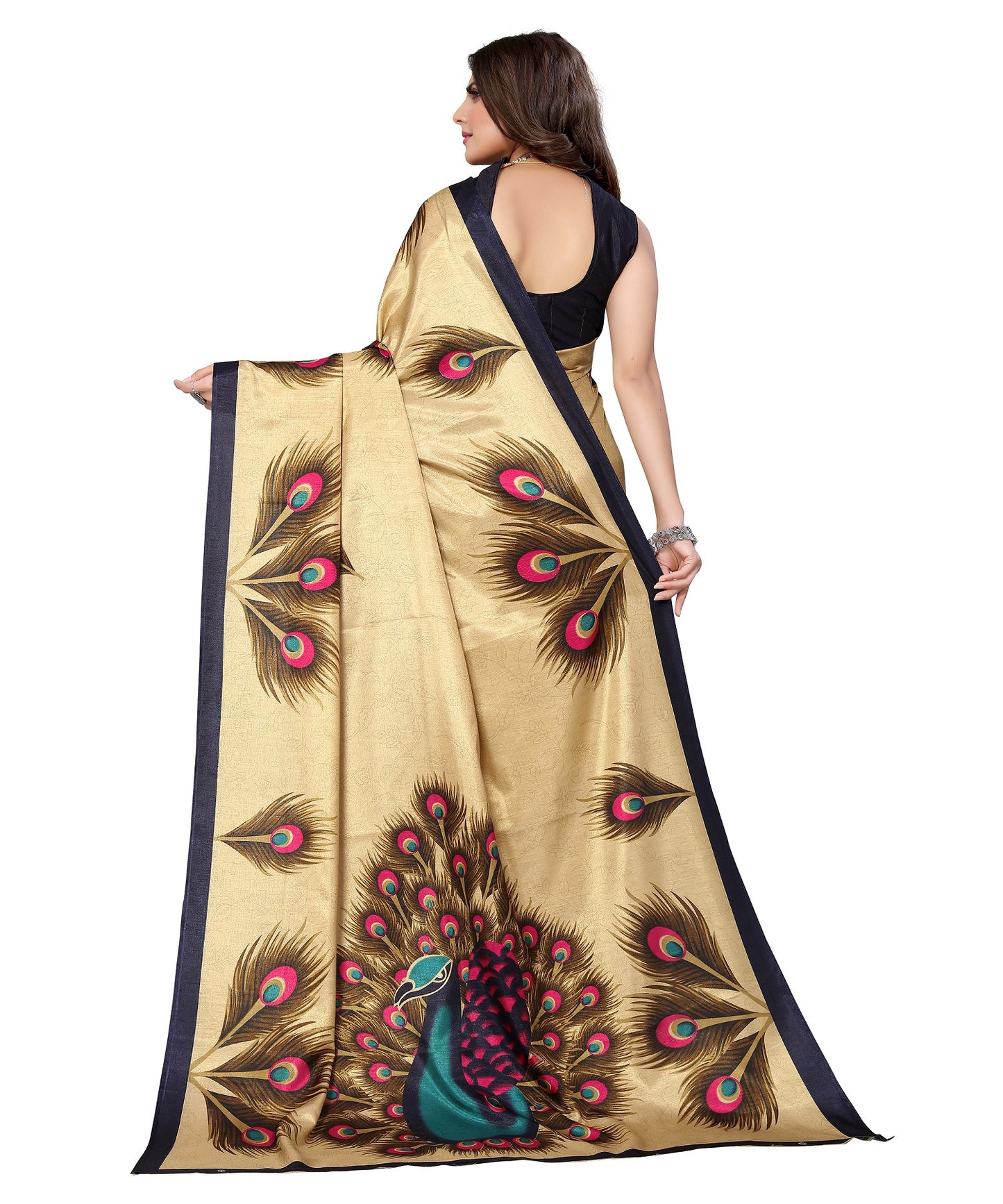 Ethnic Fire Golden Cream Printed Litchi Art Silk Saree – Elegant Traditional Wear