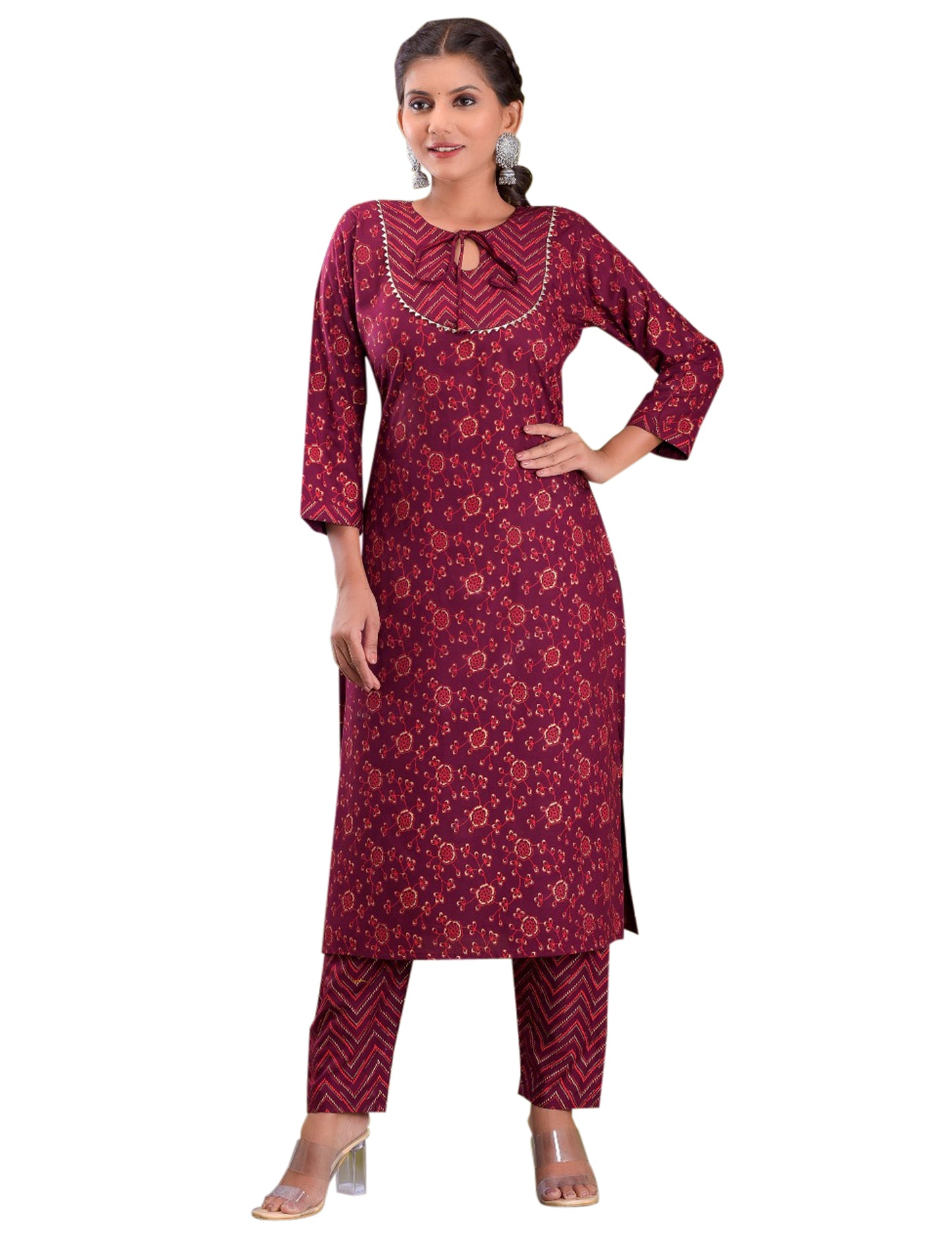 Ethnic Fire Foil Print Rayon Wine Red Party Wear/Casual Wear Kurta Set