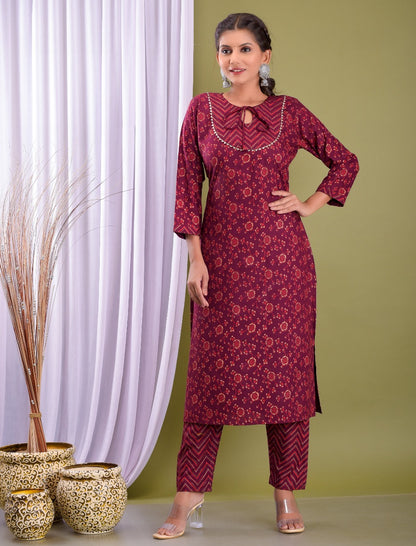 Ethnic Fire Foil Print Rayon Wine Red Party Wear/Casual Wear Kurta Set