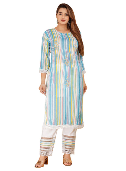 Multicolor Embroidery Rayon White Kurti Set – Party Wear/Casual Wear/Office Wear