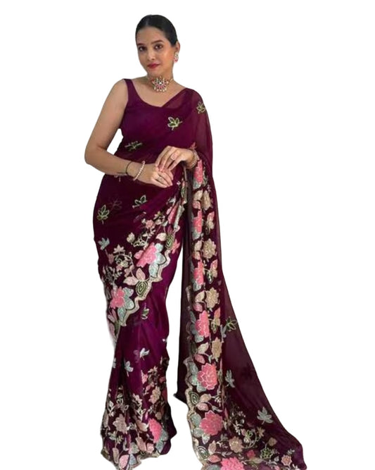 Embroidery Purple Georgette Bollywood Saree with Jaquard Blouse