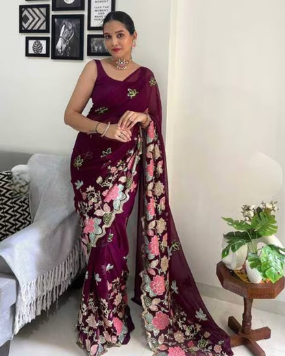 Embroidery Purple Georgette Bollywood Saree with Jaquard Blouse