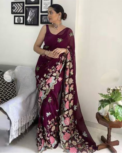 Embroidery Purple Georgette Bollywood Saree with Jaquard Blouse