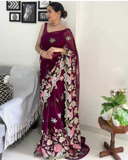 Embroidery Purple Georgette Bollywood Saree with Jaquard Blouse