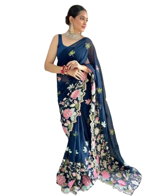 Embroidery Purple Georgette Bollywood Saree with Jaquard Blouse