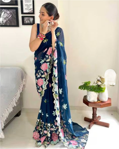 Embroidery Purple Georgette Bollywood Saree with Jaquard Blouse