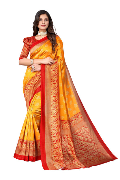 Ethnic Fire Yellow Printed Litchi Art Silk Saree – Elegant Traditional Wear