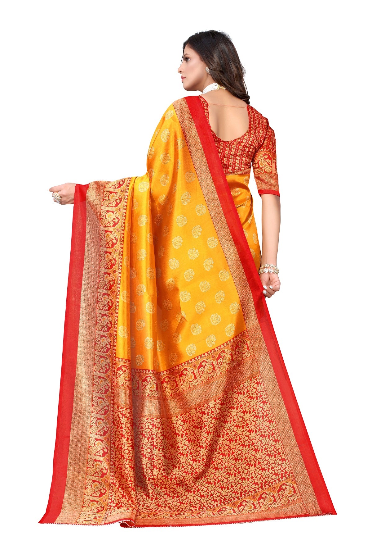 Ethnic Fire Yellow Printed Litchi Art Silk Saree – Elegant Traditional Wear